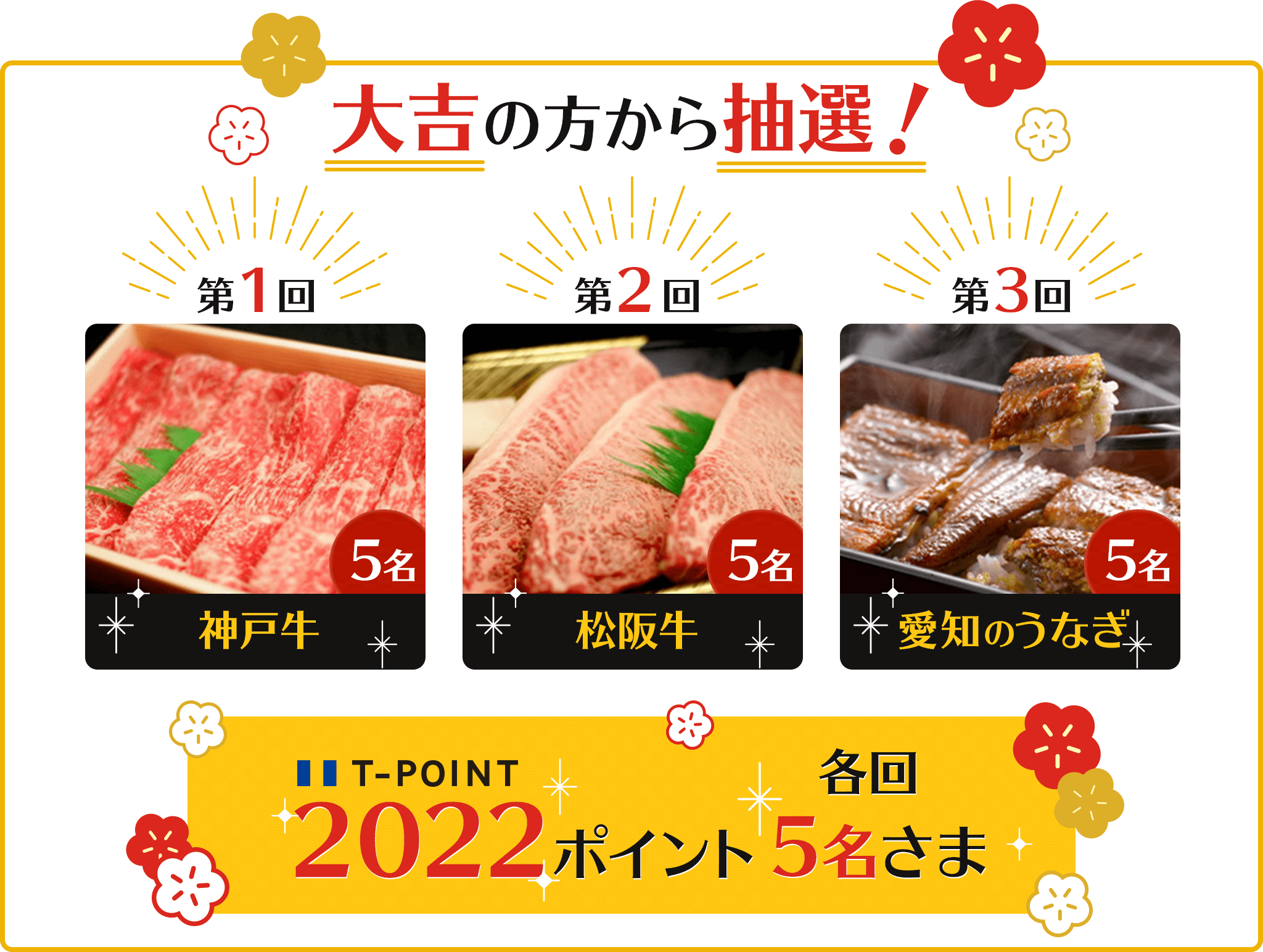 大吉の方から抽選！第1回神戸牛5名様・第2回松阪牛5名様・第3回愛知のうなぎ5名様 T-POINT2022ポイント各回5名さま